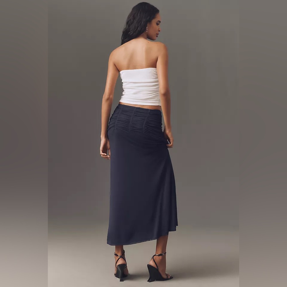 Anthropologie Maeve Dark Navy Blue Ruched Yoke Column Maxi Skirt - Picture 4 of 6